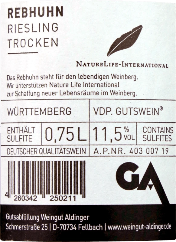 Rebhuhn Riesling Trocken - Aldinger 4 Rebhuhn Riesling Trocken - Aldinger – Bild 2